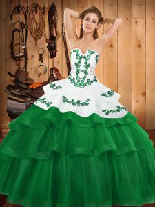 Green Sleeveless Sweep Train Embroidery and Ruffled Layers Quinceanera Gown
