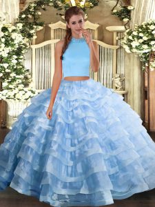 Stylish Sleeveless Floor Length Beading and Ruffled Layers Backless Vestidos de Quinceanera with Light Blue
