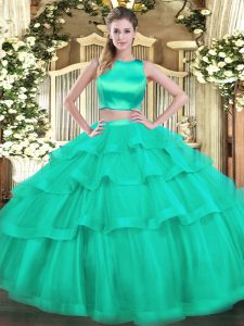Turquoise High-neck Criss Cross Ruffled Layers 15 Quinceanera Dress Sleeveless