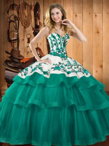 Turquoise Ball Gown Prom Dress Organza Sweep Train Sleeveless Embroidery