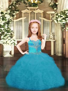 Aqua Blue Organza Lace Up Spaghetti Straps Sleeveless Floor Length Pageant Gowns For Girls Beading and Ruffles and Pick Ups