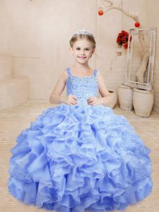 Unique Lavender Straps Neckline Beading and Ruffles High School Pageant Dress Sleeveless Lace Up