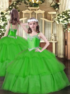 Elegant Sleeveless Floor Length Beading and Ruffled Layers Lace Up Pageant Dress for Teens with Green