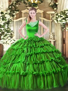 Best Green Ball Gowns Beading and Ruffled Layers Sweet 16 Dresses Side Zipper Organza Sleeveless Floor Length