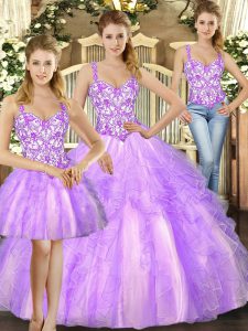 Elegant Lilac Organza Lace Up Sweet 16 Dress Sleeveless Floor Length Beading and Ruffles
