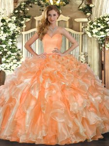 Floor Length Lace Up Quinceanera Gown Orange for Military Ball and Sweet 16 and Quinceanera with Beading and Ruffles