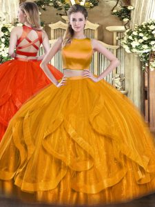 Top Selling Sleeveless Tulle Floor Length Criss Cross Sweet 16 Dresses in Orange Red with Ruffles