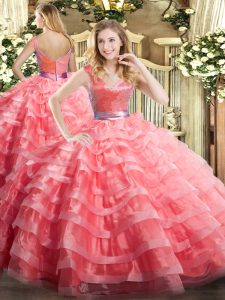 Low Price Watermelon Red Sleeveless Ruffled Layers Floor Length Quinceanera Dresses
