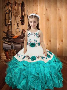 Straps Sleeveless Organza Girls Pageant Dresses Embroidery and Ruffles Lace Up