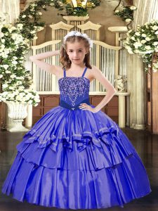 Blue Sleeveless Beading and Ruffled Layers Floor Length Child Pageant Dress