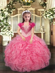 Adorable Sleeveless Floor Length Beading and Ruffles Lace Up Little Girl Pageant Gowns with Coral Red