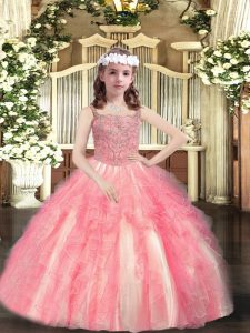 Watermelon Red Ball Gowns Tulle Straps Sleeveless Beading and Ruffles Floor Length Lace Up Little Girls Pageant Dress Wholesale