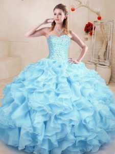 Exquisite Light Blue Lace Up Sweetheart Ruffles 15th Birthday Dress Organza Sleeveless
