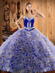 Sweetheart Sleeveless 15th Birthday Dress With Train Sweep Train Embroidery Multi-color Satin and Fabric With Rolling Flowers