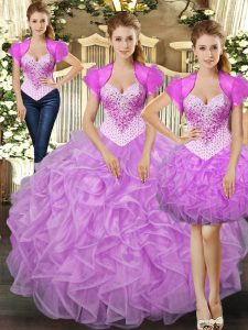 Lilac Tulle Lace Up Straps Sleeveless Floor Length 15th Birthday Dress Beading and Ruffles
