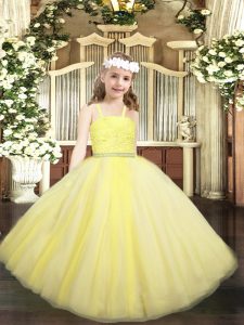 Low Price Yellow Zipper Straps Beading and Lace Pageant Gowns For Girls Tulle Sleeveless