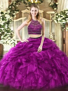 Dramatic Fuchsia Tulle Zipper Halter Top Sleeveless Floor Length Ball Gown Prom Dress Beading and Ruffles