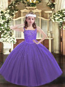 On Sale Purple Lace Up Straps Beading Girls Pageant Dresses Tulle Sleeveless