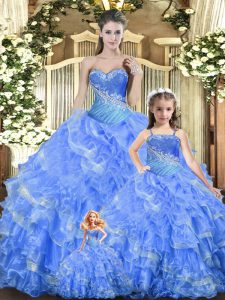 Stylish Sleeveless Floor Length Beading and Ruffles and Ruching Lace Up Vestidos de Quinceanera with Baby Blue
