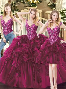 High End Three Pieces Quinceanera Gowns Fuchsia V-neck Organza Sleeveless Floor Length Lace Up
