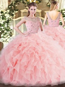 Baby Pink Quinceanera Dress Military Ball and Sweet 16 and Quinceanera with Beading and Ruffles Bateau Sleeveless Zipper