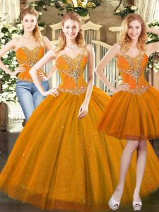 Dazzling Orange Red Three Pieces Beading Ball Gown Prom Dress Lace Up Tulle Sleeveless Floor Length