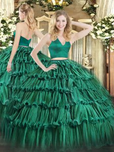 Dark Green Sleeveless Floor Length Ruffled Layers Zipper Quinceanera Dress