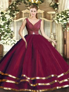 Burgundy Sleeveless Tulle Backless Sweet 16 Dresses for Sweet 16 and Quinceanera