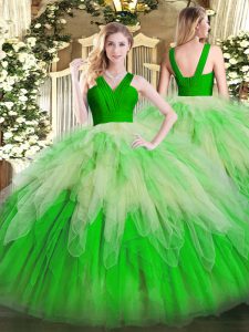 Noble Multi-color Ball Gowns V-neck Sleeveless Organza Floor Length Zipper Ruffles 15th Birthday Dress