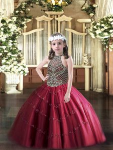 Elegant Floor Length Wine Red Little Girl Pageant Dress Tulle Sleeveless Beading
