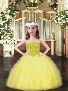 Custom Fit Yellow Ball Gowns Beading and Ruffles Little Girl Pageant Gowns Lace Up Organza Sleeveless Floor Length