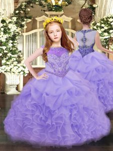 High Quality Sleeveless Organza Floor Length Zipper Pageant Dress for Girls in Lavender with Beading and Ruffles and Pick Ups