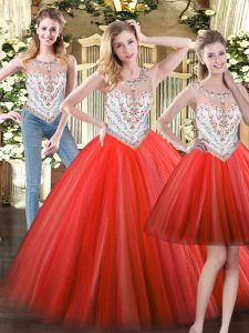 Coral Red Ball Gown Prom Dress Military Ball and Sweet 16 and Quinceanera with Beading Scoop Sleeveless Zipper