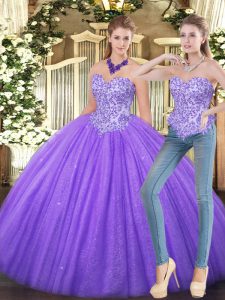 Sleeveless Tulle Floor Length Zipper Quinceanera Gowns in Eggplant Purple with Appliques