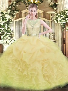 Floor Length Backless 15 Quinceanera Dress Champagne for Military Ball and Sweet 16 and Quinceanera with Lace and Ruffles