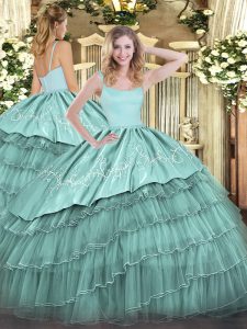Sleeveless Floor Length Embroidery and Ruffled Layers Zipper Quinceanera Gowns with Blue