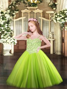 Fashion Spaghetti Straps Sleeveless Tulle Little Girls Pageant Gowns Appliques Lace Up