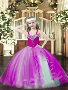 Fuchsia Ball Gowns Straps Sleeveless Tulle Floor Length Lace Up Beading Winning Pageant Gowns