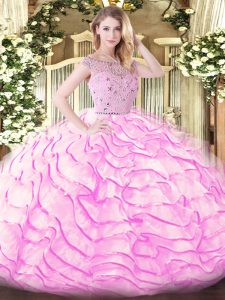 Cute Zipper Ball Gown Prom Dress Lilac for Military Ball and Sweet 16 and Quinceanera with Beading and Ruffled Layers Sweep Train