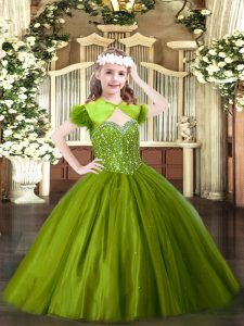 Ball Gowns Little Girls Pageant Gowns Olive Green Straps Tulle Sleeveless Floor Length Lace Up