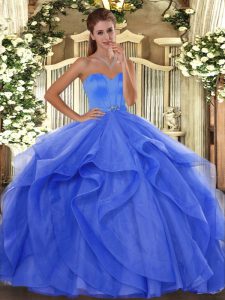 Luxurious Blue Ball Gowns Beading and Ruffles Quince Ball Gowns Lace Up Tulle Sleeveless Floor Length