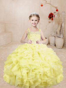 Ball Gowns Girls Pageant Dresses Light Yellow Straps Organza Sleeveless Floor Length Lace Up