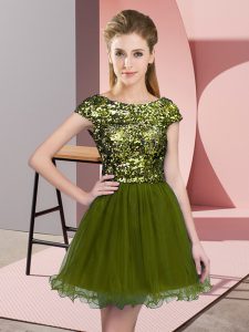 Perfect A-line Vestidos de Damas Olive Green Scoop Tulle Cap Sleeves Mini Length Zipper