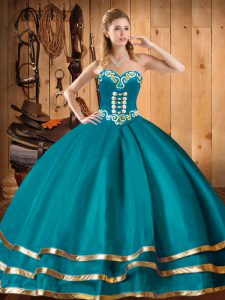 Sweetheart Sleeveless Quinceanera Gown Floor Length Embroidery Teal Organza