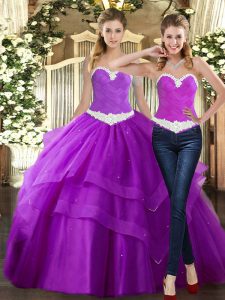 Floor Length Purple Quince Ball Gowns Tulle Sleeveless Beading and Ruching