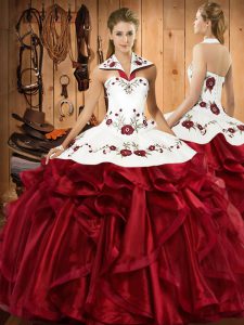 Ideal Wine Red Sleeveless Embroidery and Ruffles Floor Length Sweet 16 Dresses