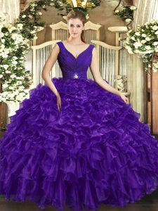 Luxury Purple Backless V-neck Beading and Ruffles Quinceanera Gown Organza Sleeveless