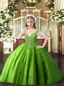 Floor Length Green Pageant Gowns For Girls V-neck Sleeveless Lace Up