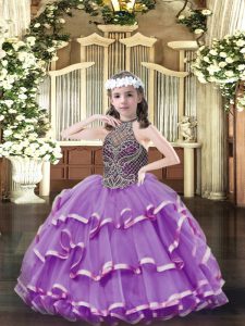 Floor Length Lavender Child Pageant Dress Halter Top Sleeveless Lace Up