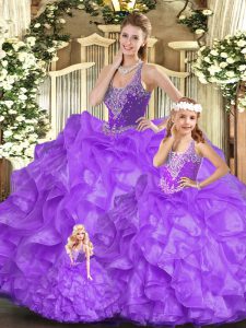 Noble Eggplant Purple 15 Quinceanera Dress Military Ball and Sweet 16 and Quinceanera with Beading and Ruffles Straps Sleeveless Lace Up